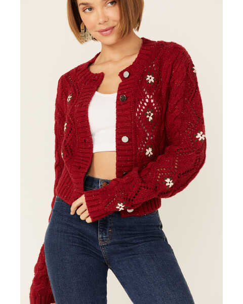 Beyond The Radar Women's Hand Embroidered Pointelle Button Down Cardigan , Red, hi-res
