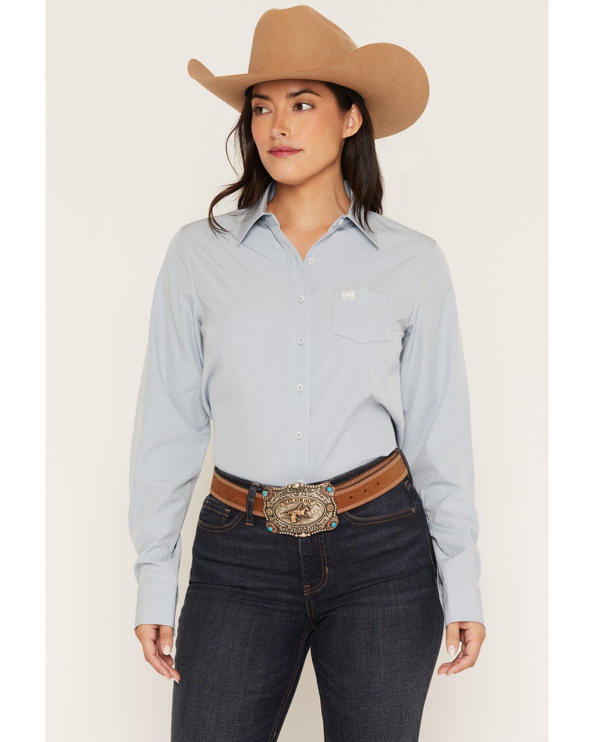 Cinch Women's ARENAFLEX&reg; Solid Long Sleeve Button-Down Stretch Western Shirt, Light Blue, hi-res