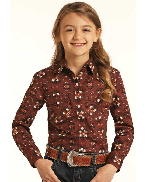Rough Stock By Panhandle Girls' Brick Southwestern Print Long Sleeve Snap Western Shirt , Brown, hi-res