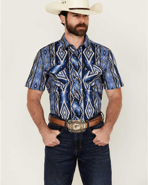 Rock & Roll Denim Men's Southwestern Print Short Sleeve Snap Stretch Western Shirt , Blue, hi-res