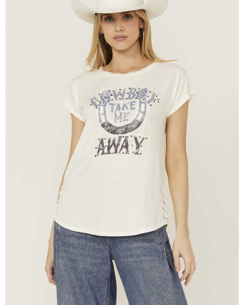 Shyanne Women's Cowboy Take Me Away Studded Short Sleeve Graphic Tee, Ivory, hi-res