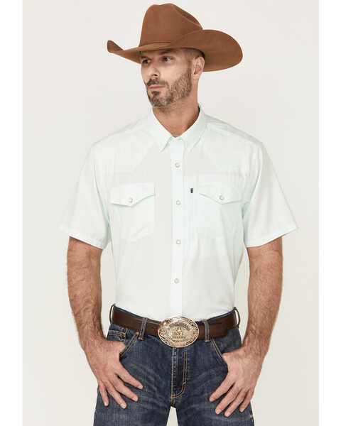RANK 45® Men's 8 Seconds Short Sleeve Pearl Snap Western Tech Shirt , Aqua, hi-res