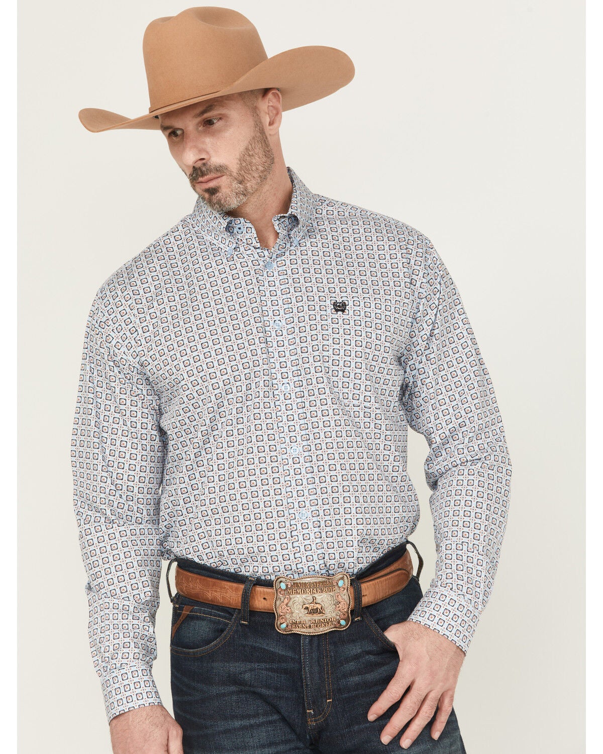 Cinch Men's Floral Geo Print Long Sleeve Button-Down Western Shirt, Light Blue, hi-res