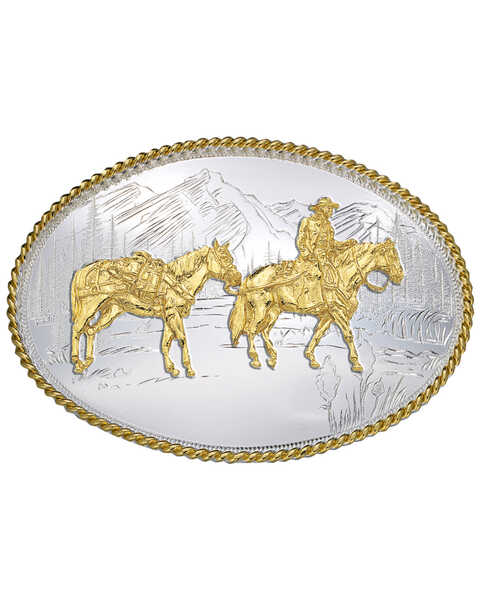Image #1 - Montana Silversmiths Etched Mountains Pack Horse & Rider Western Belt Buckle, Multi, hi-res