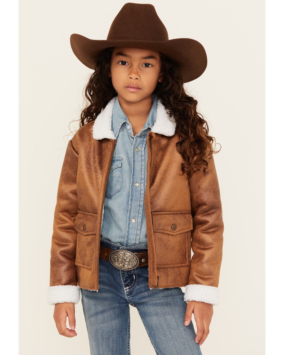 Shyanne Girls' Faux Shearling Cropped Jacket, Chocolate, hi-res