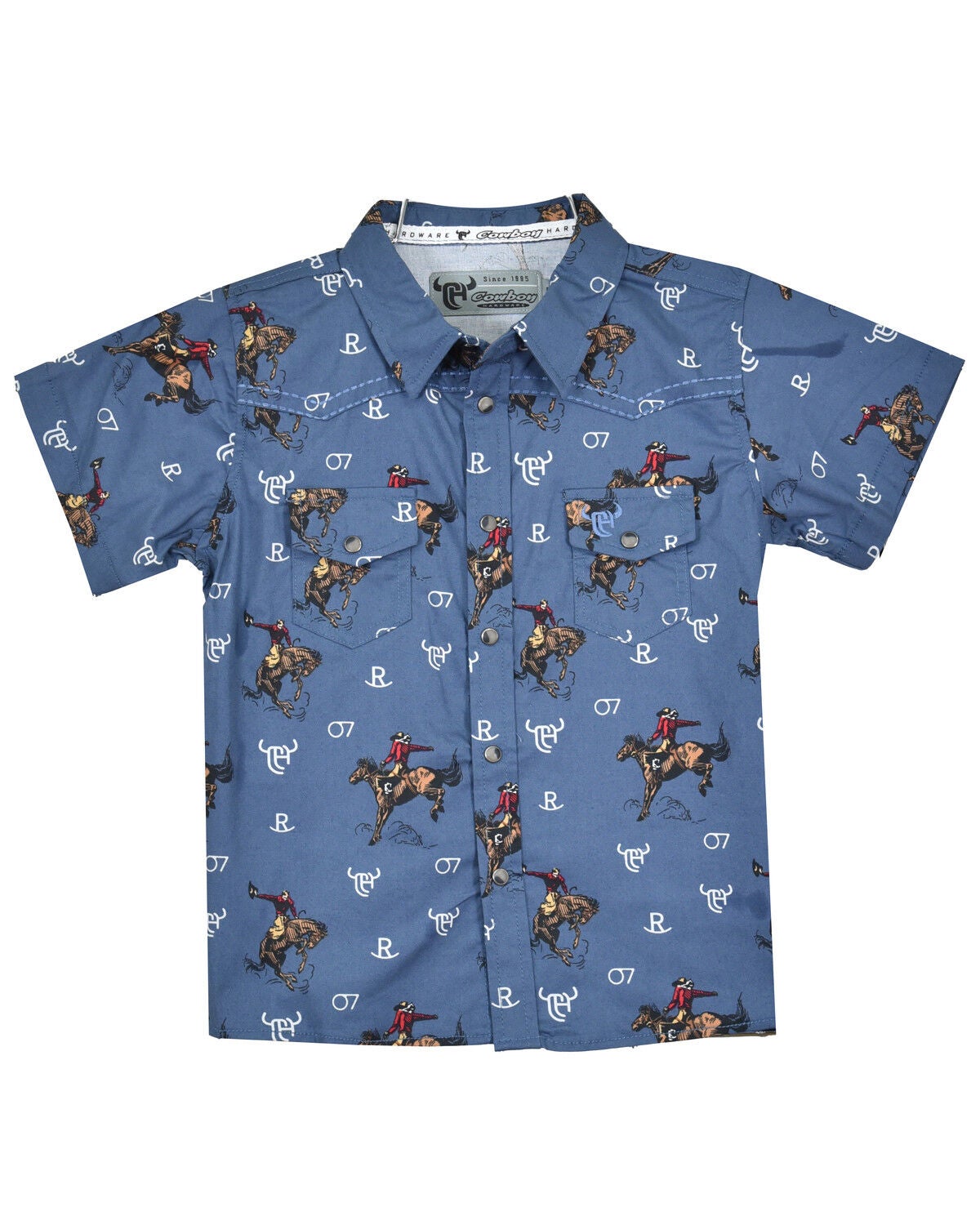 Cowboy Hardware Boys' Bronc Print Short Sleeve Snap Western Shirt, Blue, hi-res