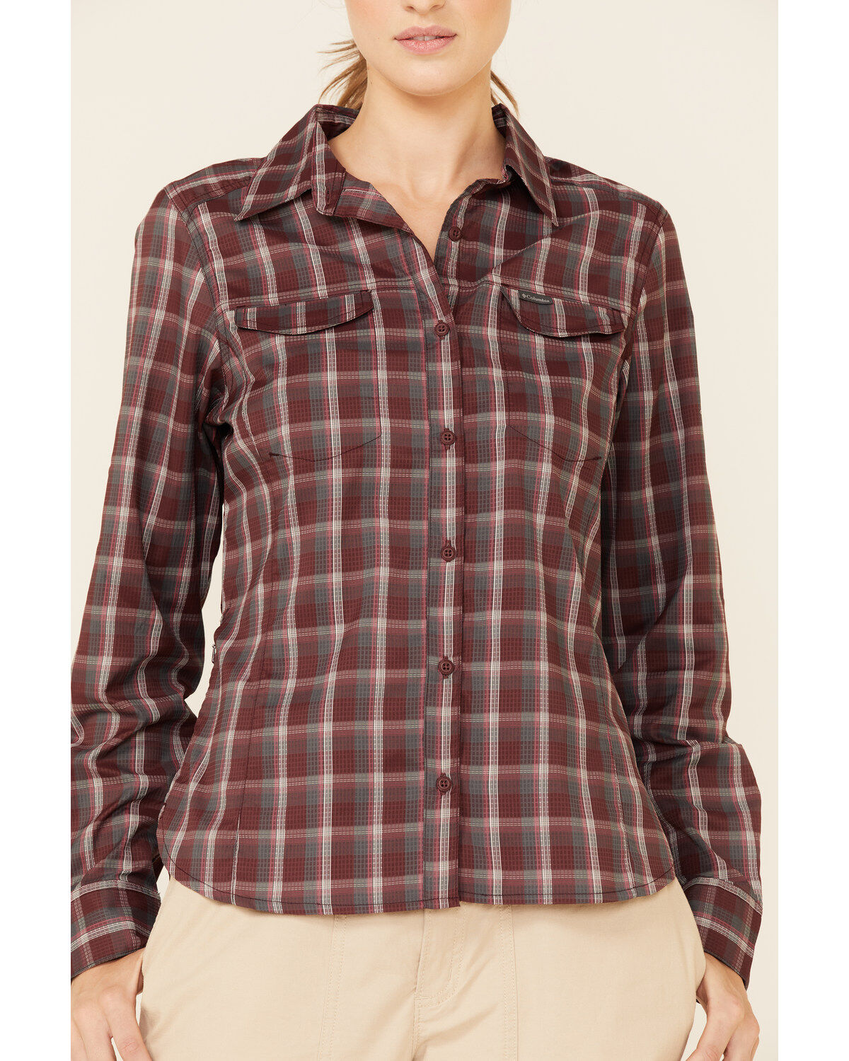 Image #3 - Columbia Women's Malbec Plaid Print Ridge Lite Long Sleeve Button-Down Western Shirt, Burgundy, hi-res