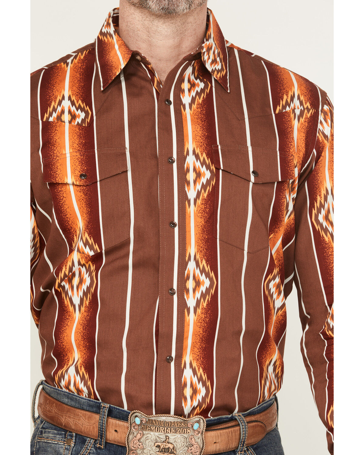 Image #3 - Wrangler Men's Checotah Southwestern Print Long Sleeve Snap Western Shirt, Brown, hi-res