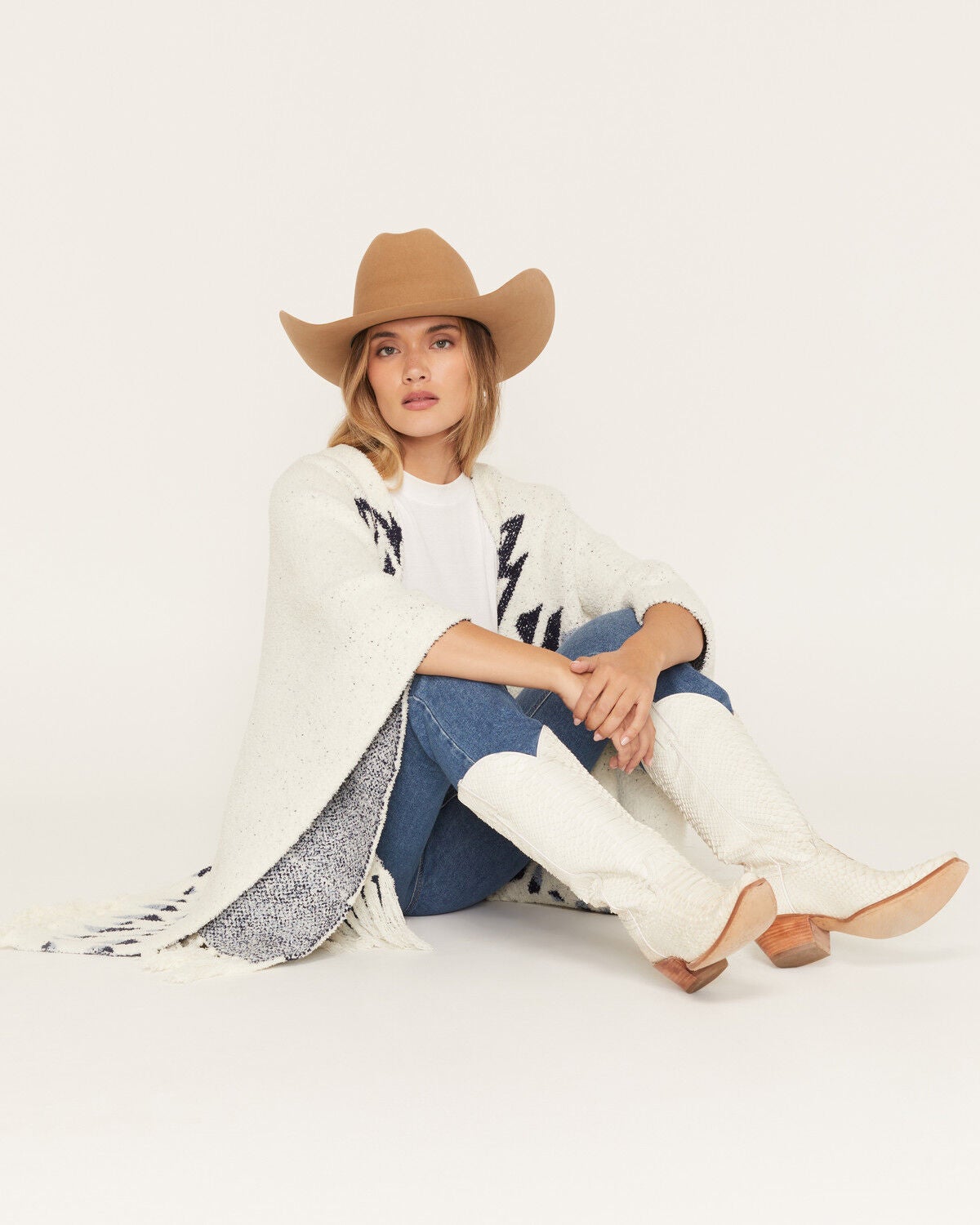 Image #1 - Idyllwind Women's Meadowlark Sweater Shawl, Cream/blue, hi-res