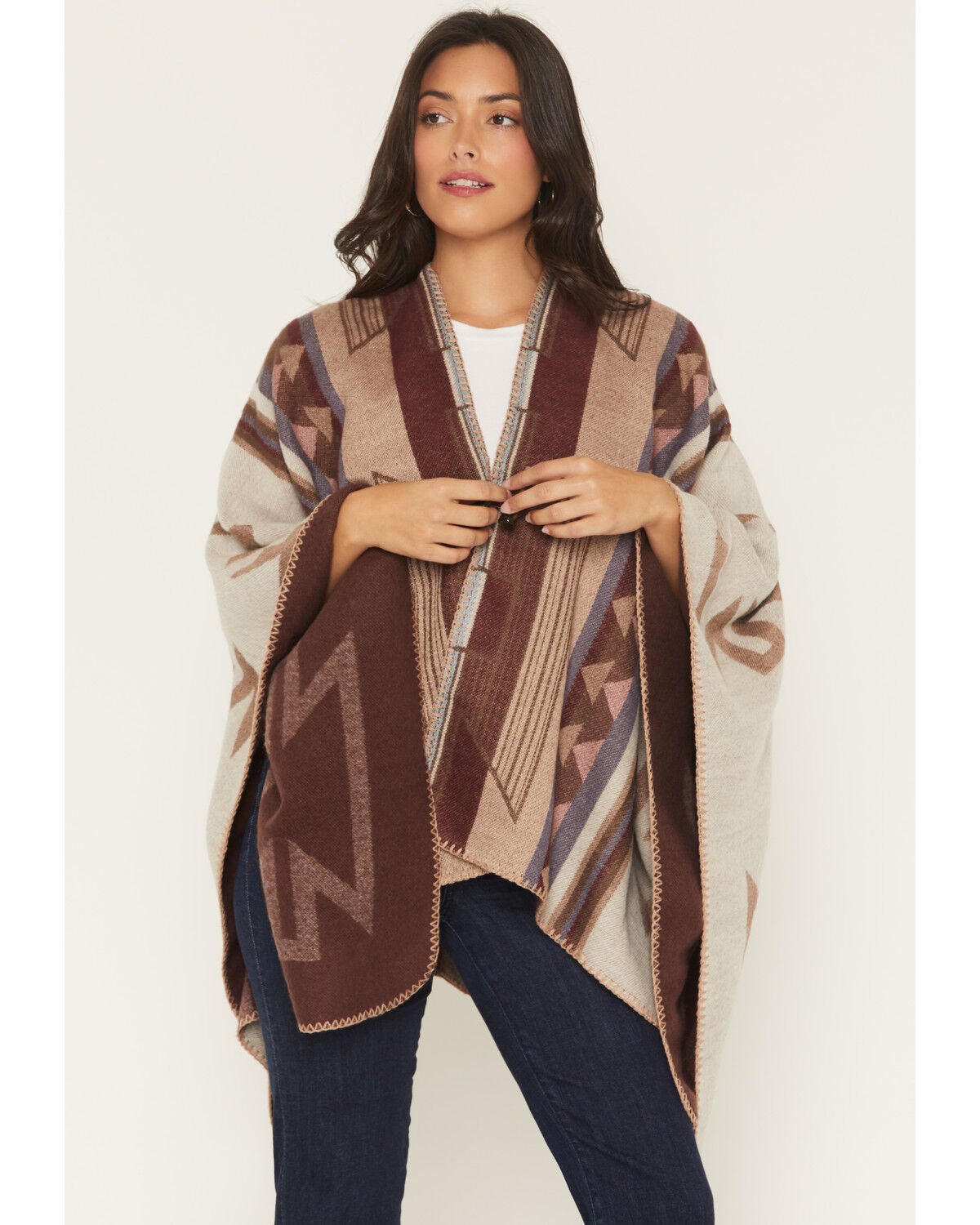 Shyanne Women's Tanager Southwestern Print Clasp Front Shawl, Cream, hi-res
