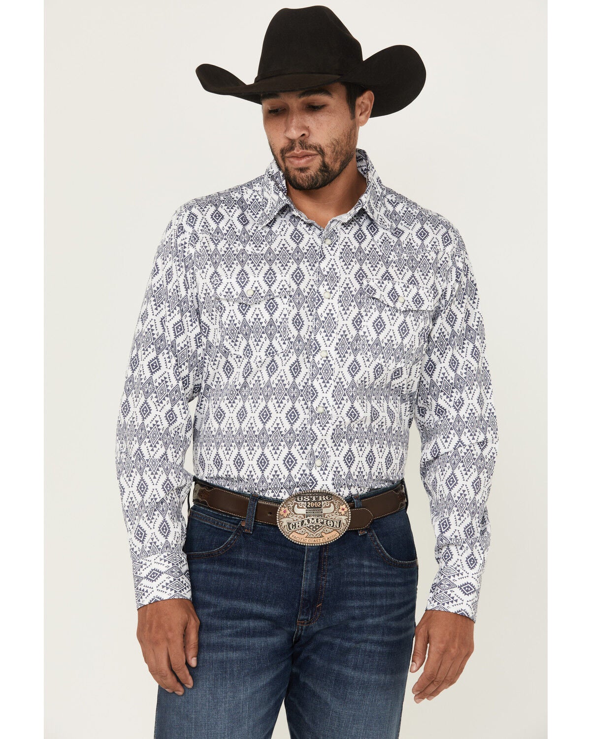 Wrangler Retro Men's Premium Geo Print Long Sleeve Snap Western Shirt, White, hi-res