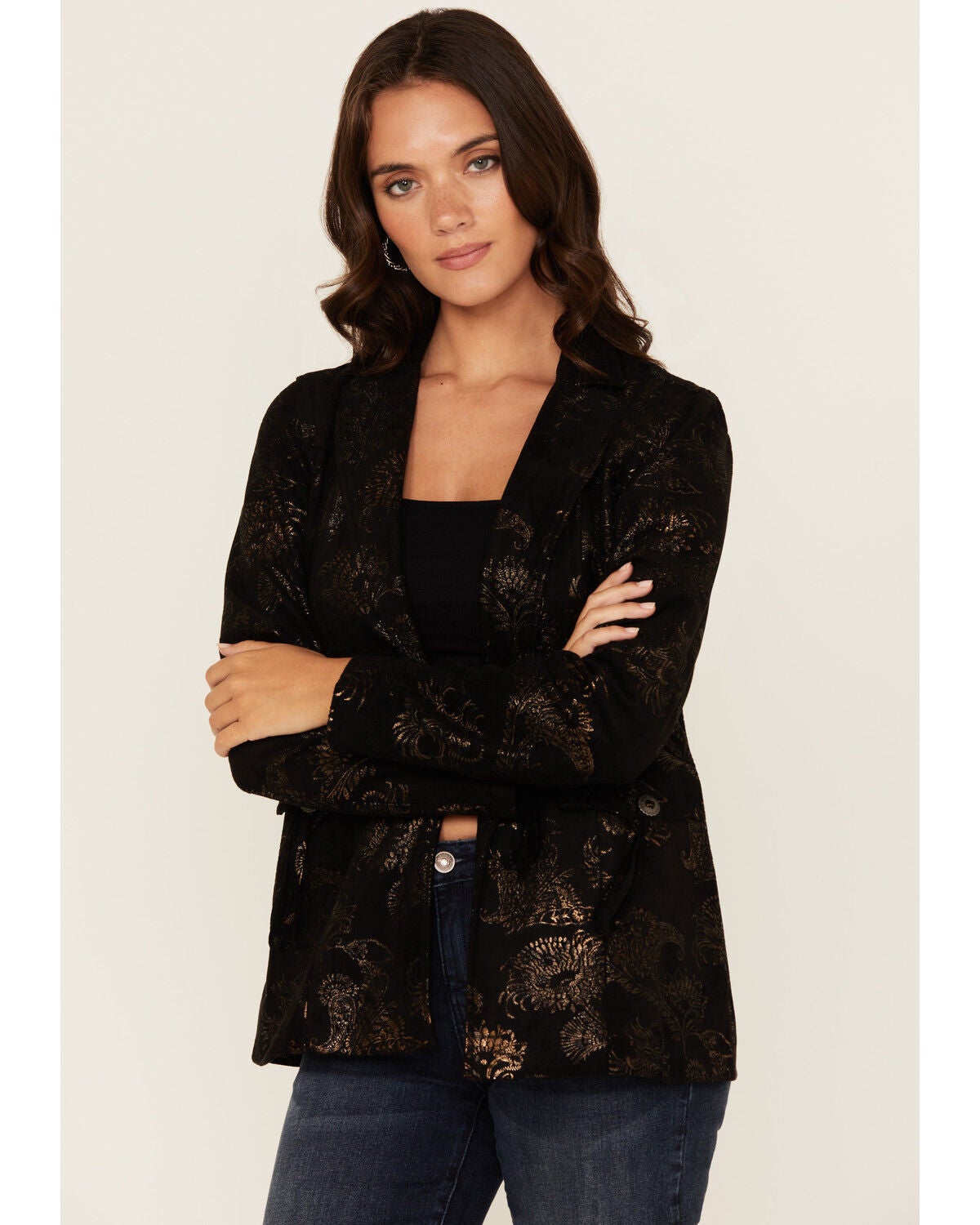 Shyanne Women's Metallic Printed Faux Suede Blazer, Black, hi-res