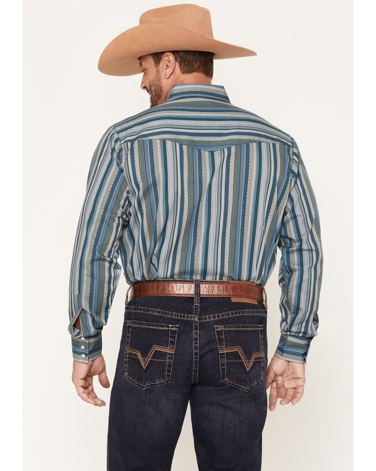Image #4 - Ely Walker Men's Striped Long Sleeve Pearl Snap Western Shirt, Dark Teal, hi-res