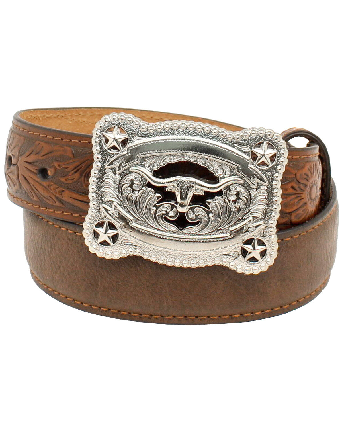 Nocona Belt Co. Youth Western Tooled Leather Belt & Buckle, Brown, hi-res