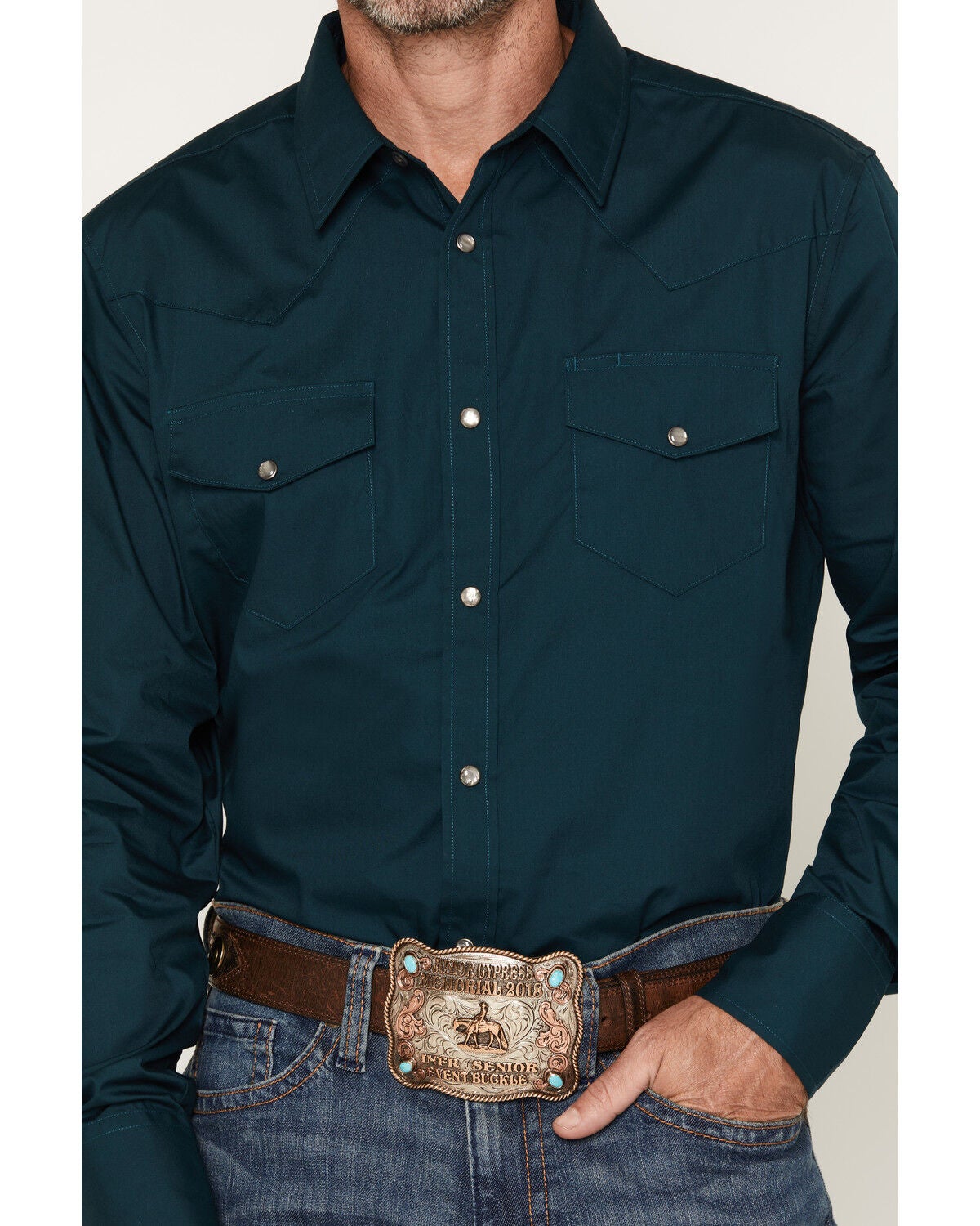 Image #3 - Gibson Trading Co Men's Basic Solid Long Sleeve Pearl Snap Western Shirt, Dark Teal, hi-res