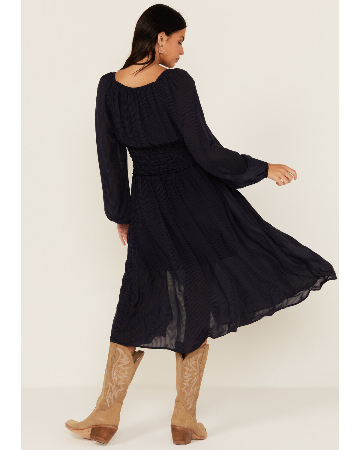 Image #4 - Shyanne Women's Striped Long Sleeve Slit Front Midi Dress, Indigo, hi-res