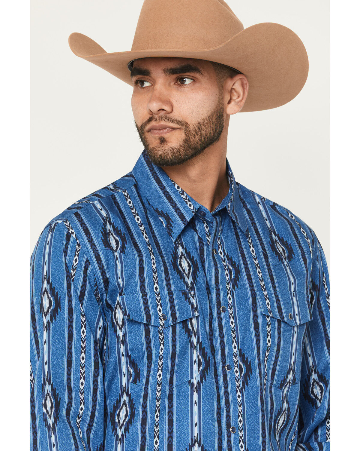 Image #2 - Wrangler Men's Checotah Southwestern Print Long Sleeve Snap Western Shirt, Blue, hi-res