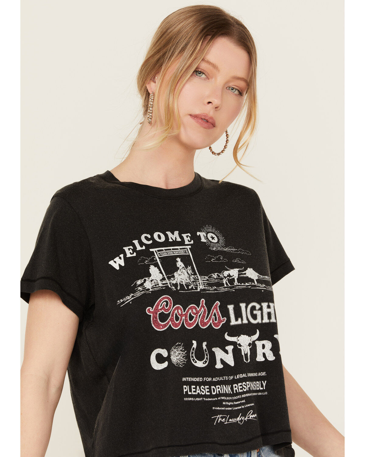 Image #2 - The Laundry Room Women's Rhinestone Coors Neon Light Short Sleeve Graphic Tee, Black, hi-res