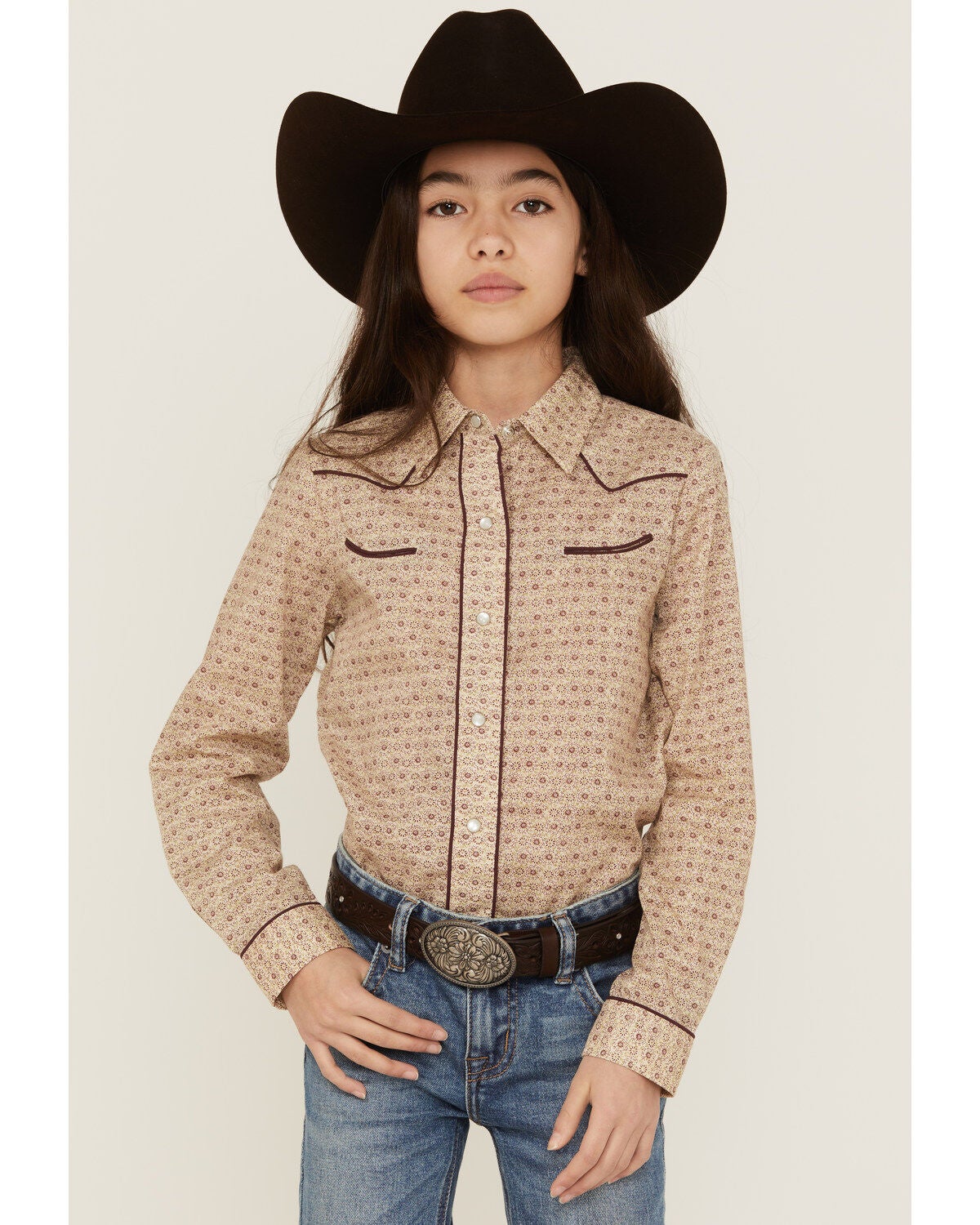 Image #1 - Roper Girls' Floral Print Long Sleeve Western Pearl Snap Shirt, , hi-res