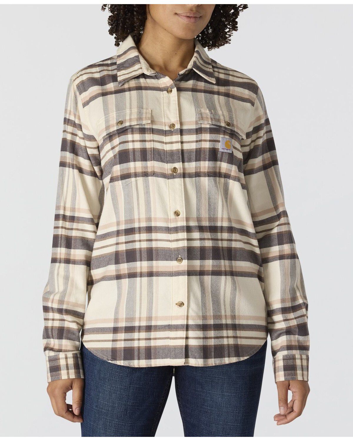 Image #1 - Carhartt Women's TENCEL™ Fiber Series Relaxed Fit Plaid Print Long Sleeve Flannel Shirt, Ivory, hi-res