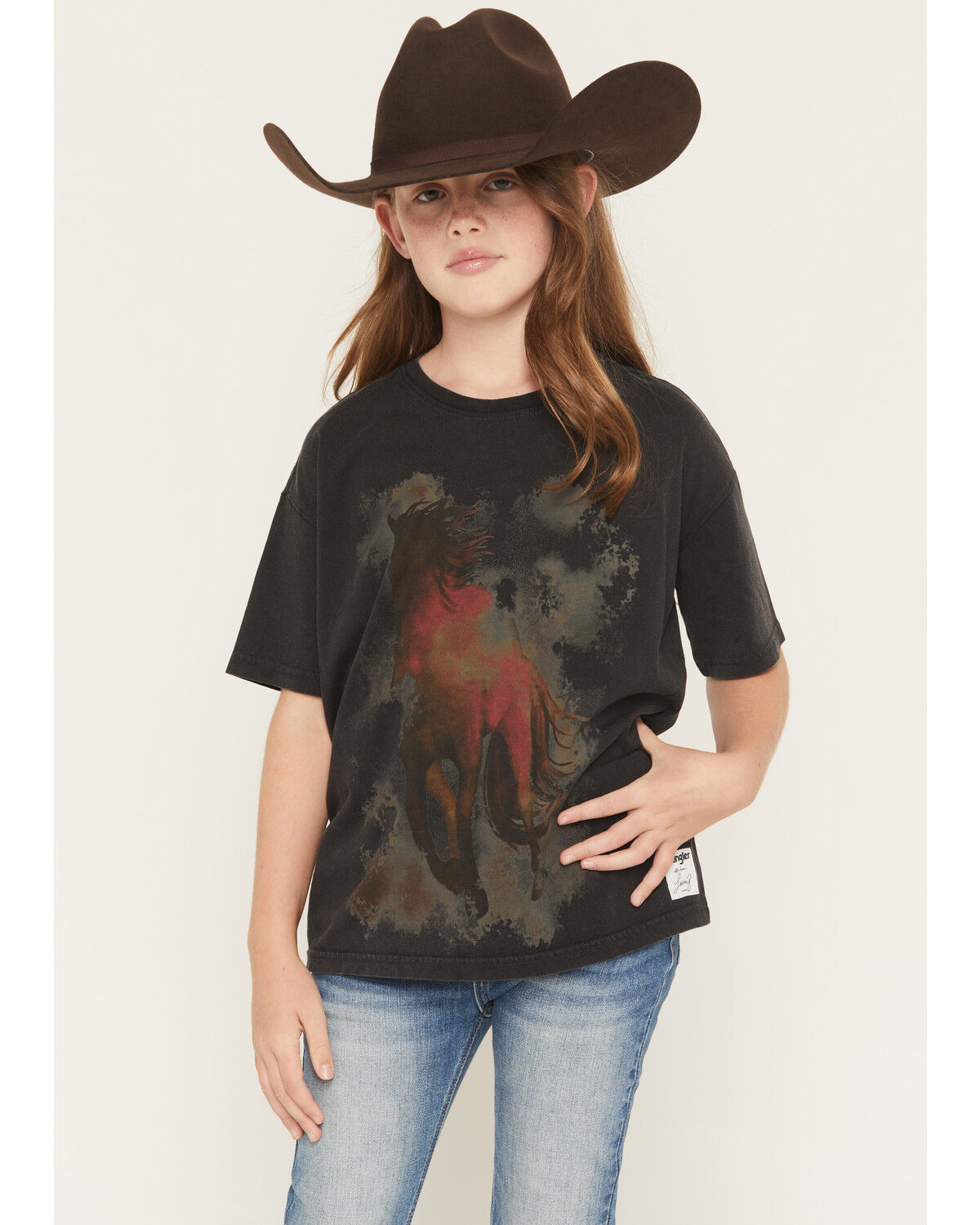 Image #1 - Wrangler X Lainey Wilson Girls' Watercolor Horse Short Sleeve Oversized Graphic Tee, Brown, hi-res