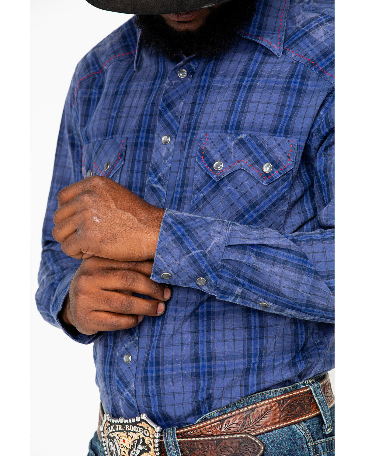 Image #4 - Rock & Roll Denim Men's Plaid Print Long Sleeve Western Shirt, Light Blue, hi-res