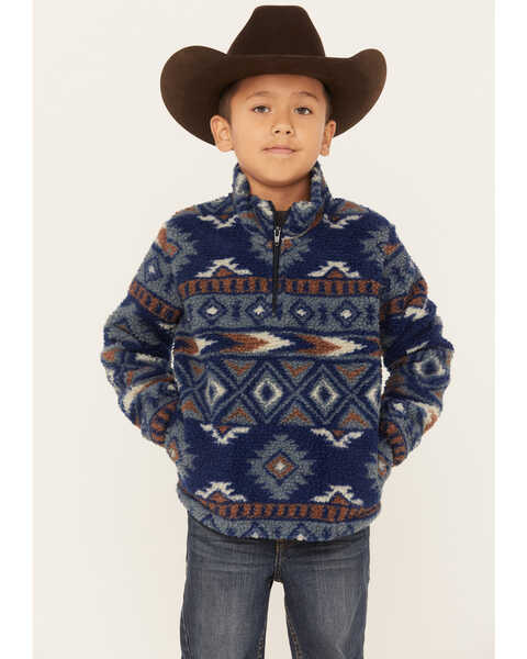 Wrangler Boys' Southwestern Print Sherpa Quarter-Zip Jacket, Blue, hi-res