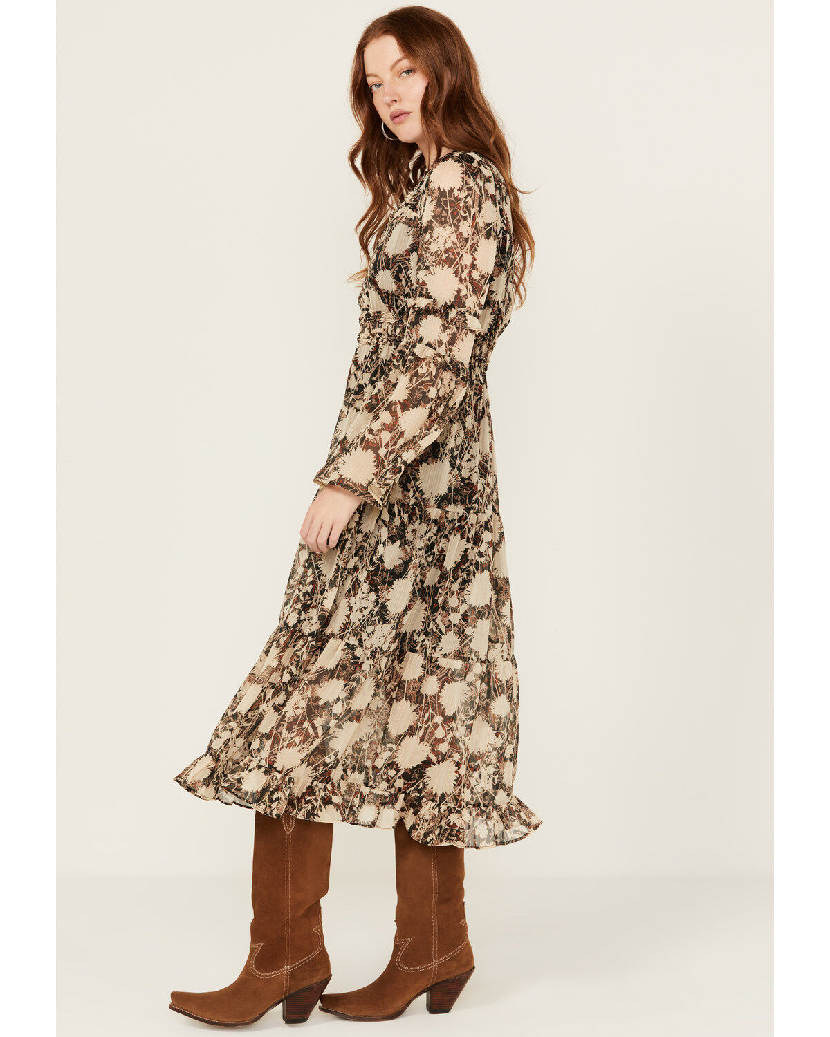 Image #3 - Miss Me Women's Floral Print Long Sleeve Midi Dress, Black, hi-res