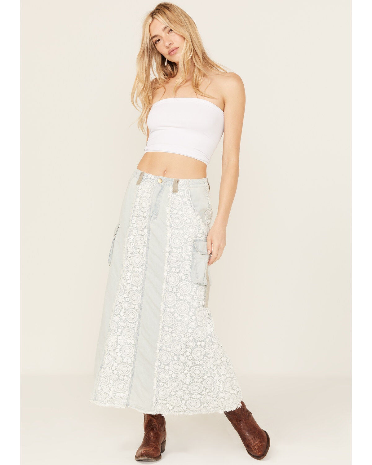 POL Women's Lace Light Wash Denim Midi Skirt, Light Wash, hi-res