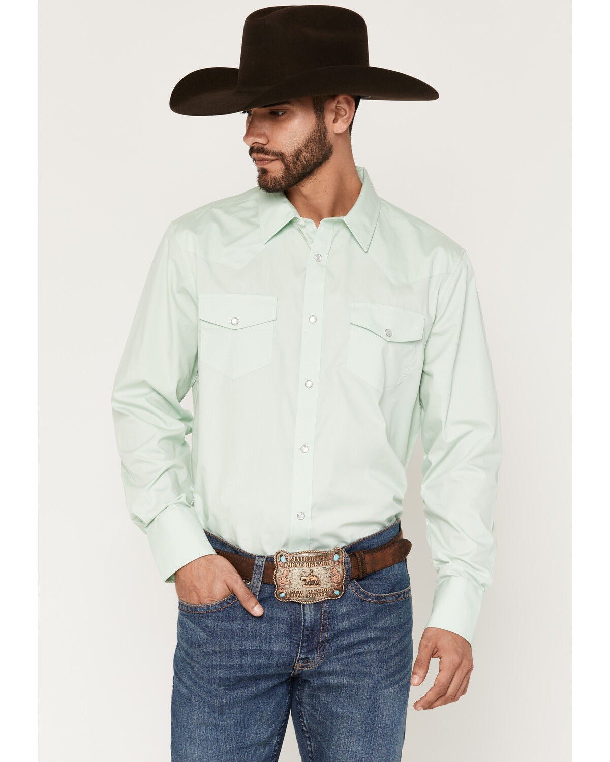 Image #1 - Gibson Trading Co Men's Basic Solid Long Sleeve Snap Western Shirt - Big, Sage, hi-res