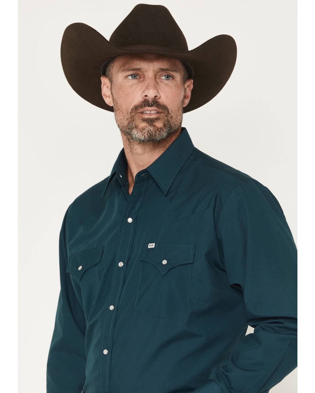 Image #2 - Ely Walker Men's Solid Long Sleeve Pearl Snap Western Shirt, Dark Teal, hi-res