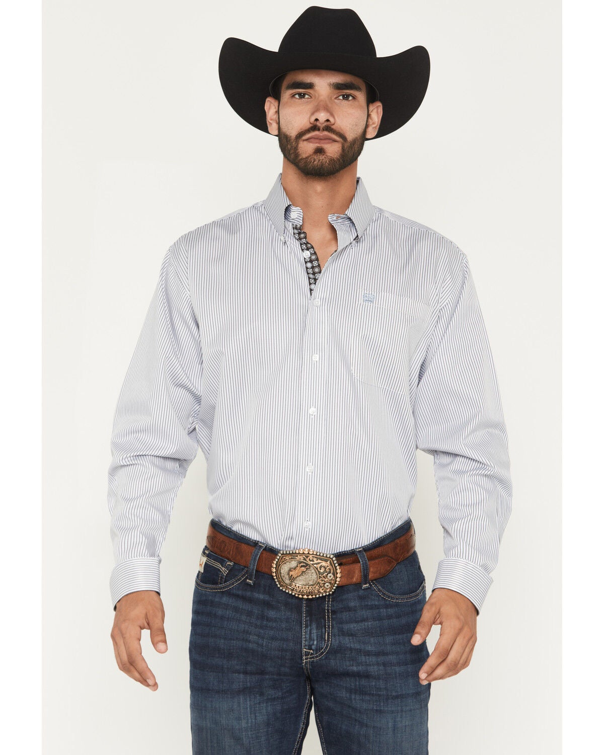 Cinch Men's Striped Print Tencel Long Sleeve Button-Down Western Shirt, White, hi-res