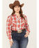 Image #1 - Roper Women's Plaid Print Long Sleeve Western Pearl Snap Shirt - Plus, Orange, hi-res