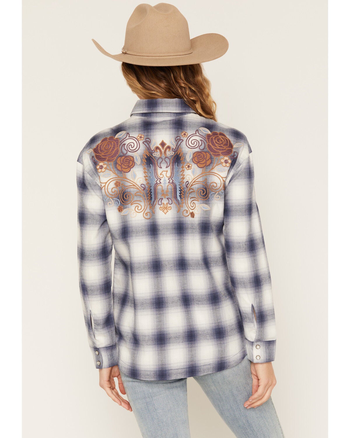 Image #4 - Idyllwind Women's Mara Plaid Print Long Sleeve Pearl Snap Oversized Shirt, Dark Blue, hi-res