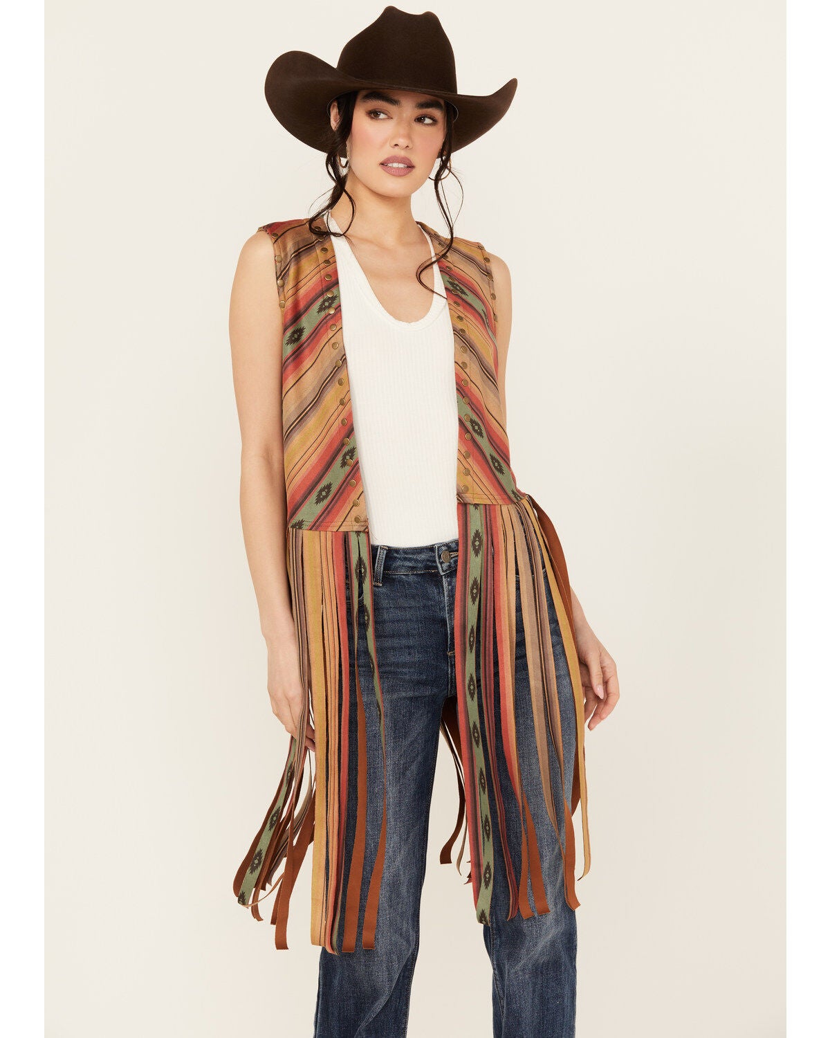 Scully Women's Serape Striped Print Fringe Vest, Tan, hi-res