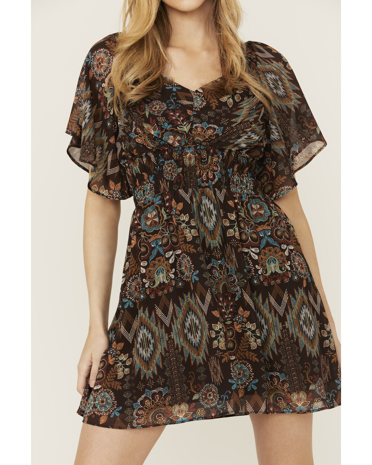 Image #3 - Shyanne Women's Printed Short Sleeve Handkerchief Mini Dress, Dark Brown, hi-res