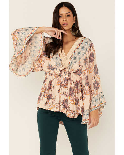 Angie Women's Lace V-Neck Floral Print Long Bell Sleeve Top, Natural, hi-res