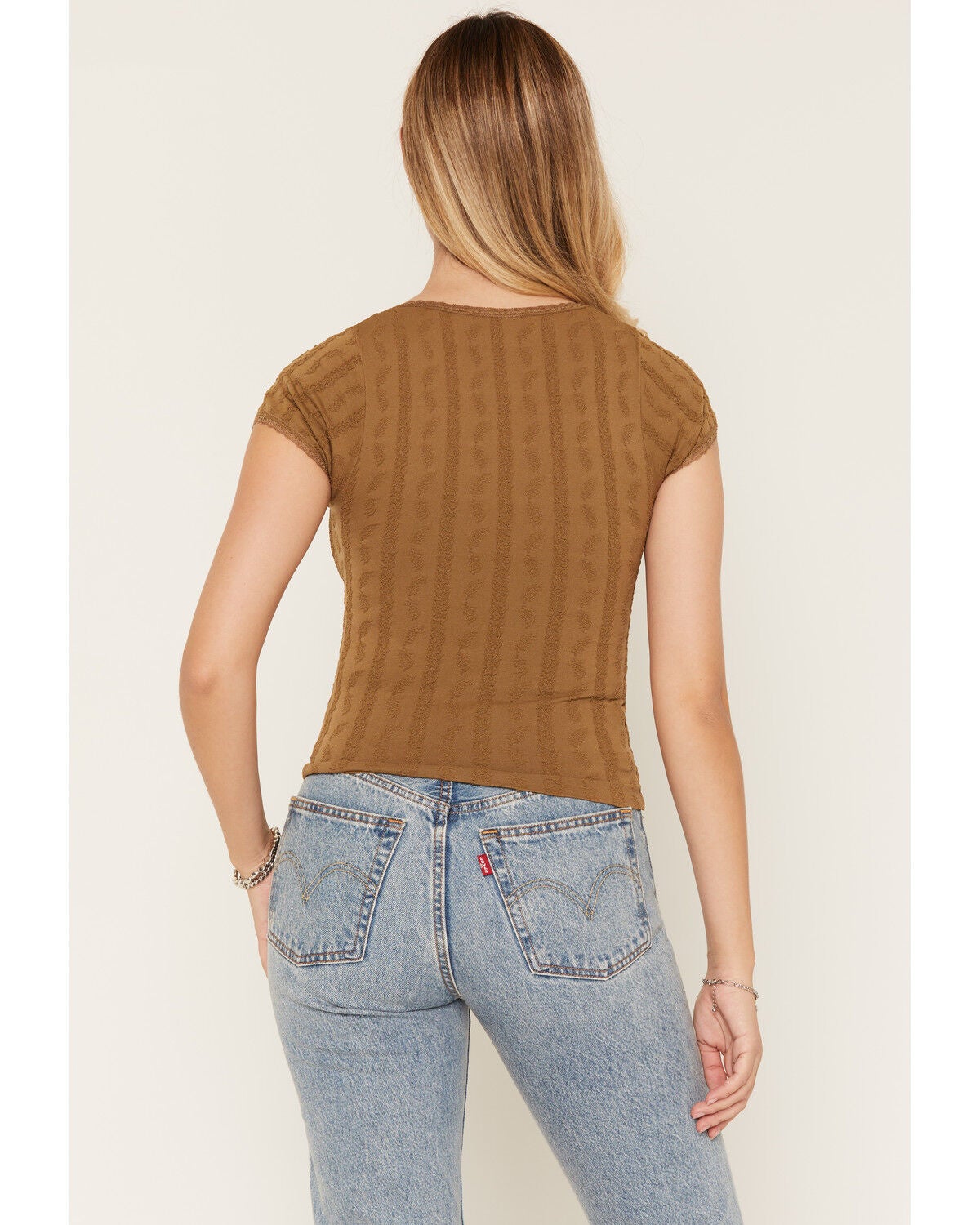 Image #4 - Fornia Women's Lace Trim Printed Short Sleeve Cropped Top, Brown, hi-res