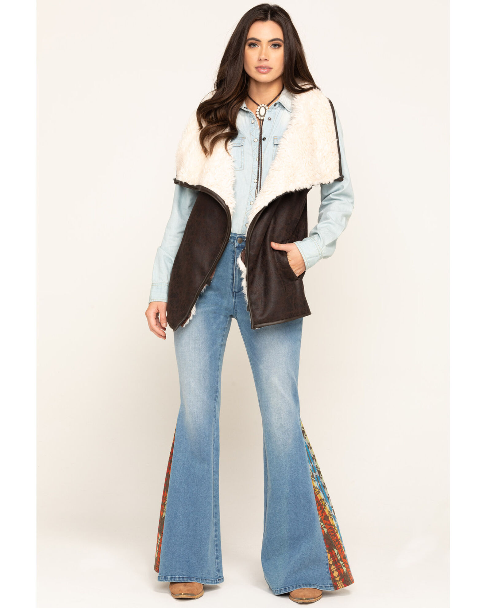 Image #6 - Cripple Creek Women's Pine Cone Faux Shearling Wrap Vest, Brown, hi-res