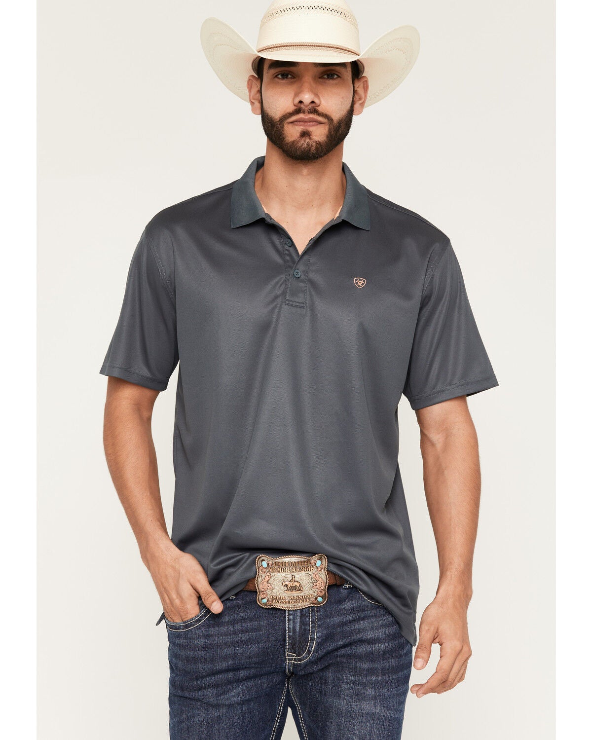 Image #1 - Ariat Men's TEK Solid Classic Fit Short Sleeve Button-Down Polo Shirt, Dark Grey, hi-res