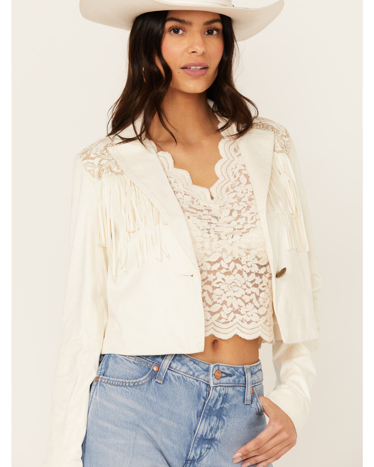 Image #2 - Shyanne Women's Embellished Fringe Faux Suede Blazer, Cream, hi-res