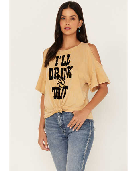 IOC Women's I'll Drink To That Cold Shoulder Tee, Dark Yellow, hi-res