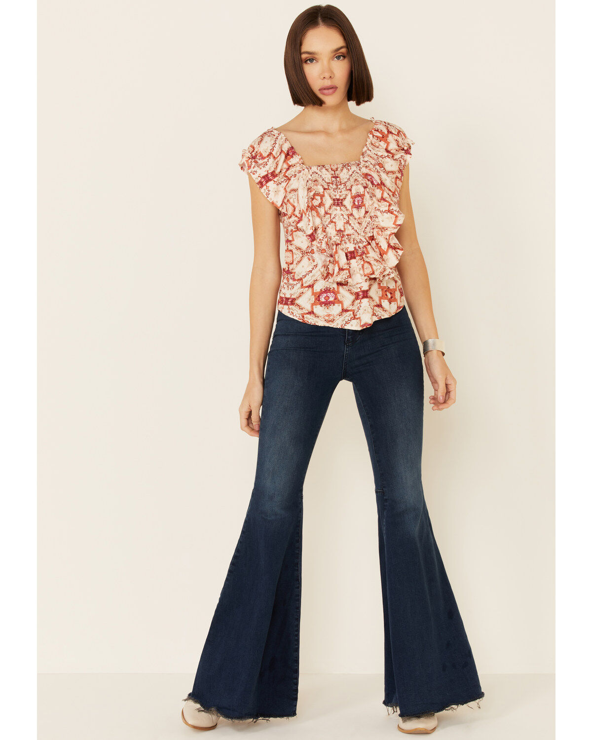 Image #2 - Shyanne Women's Tile Print Ruffle Sleeve Short Sleeve Top, , hi-res