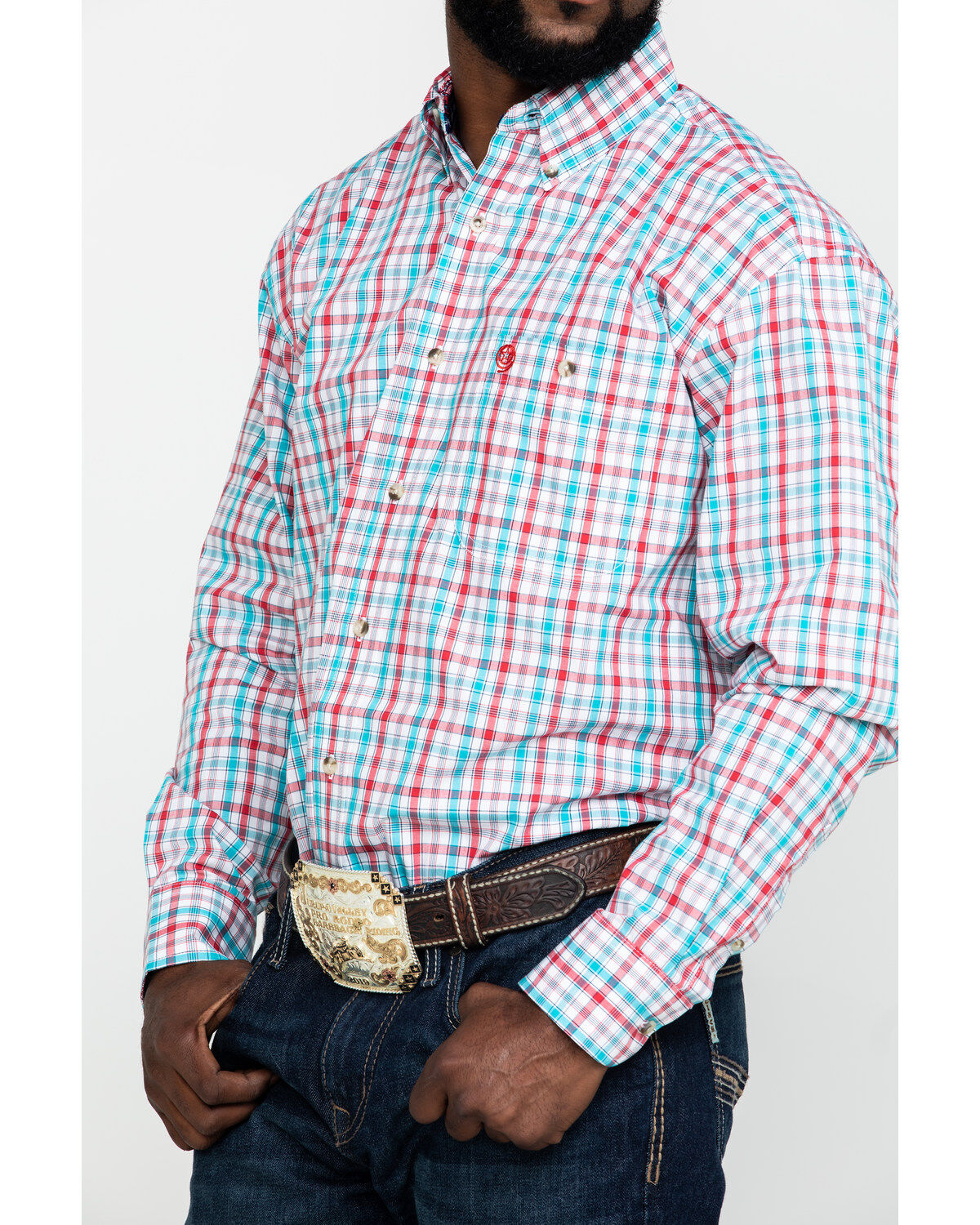 Image #4 - George Strait by Wrangler Men's Red Small Plaid Poplin Long Sleeve Western Shirt , , hi-res