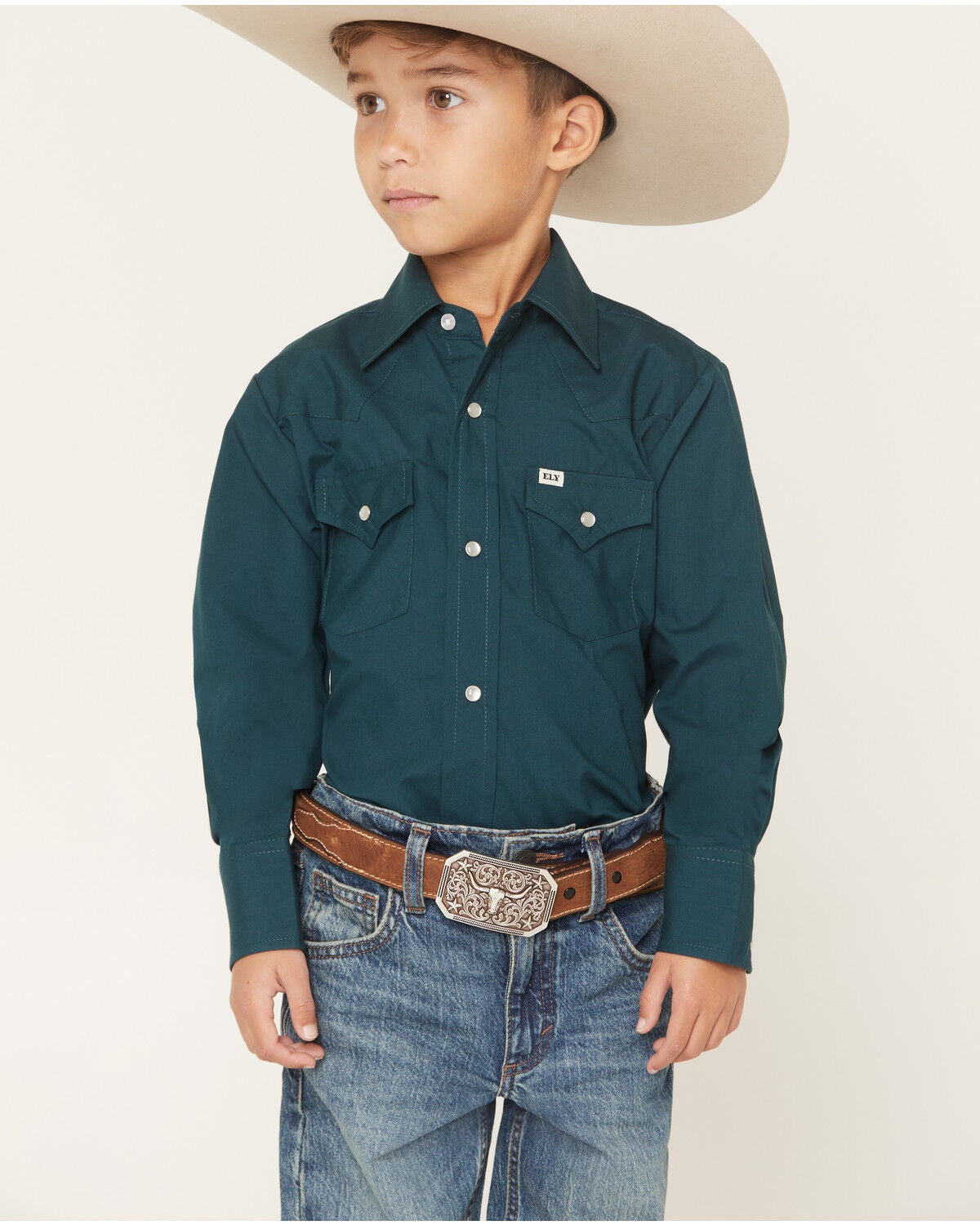 Ely Walker Boys' Solid Long Sleeve Snap Western Shirt, Teal, hi-res