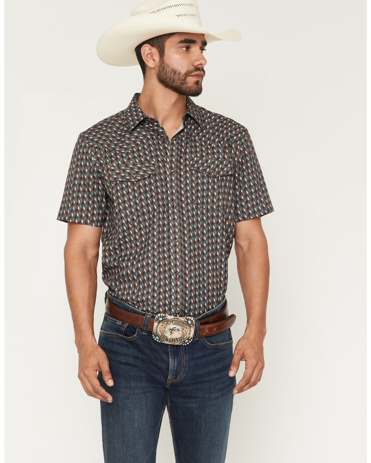 Image #1 - RANK 45&reg; Men's Diamond Geo Print Short Sleeve Snap Performance Shirt, Brown, hi-res