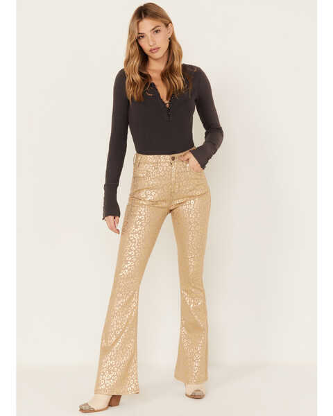 Rock & Roll Denim Women's Metallic Leopard Print High Rise Stretch Flare Jeans, Gold, hi-res