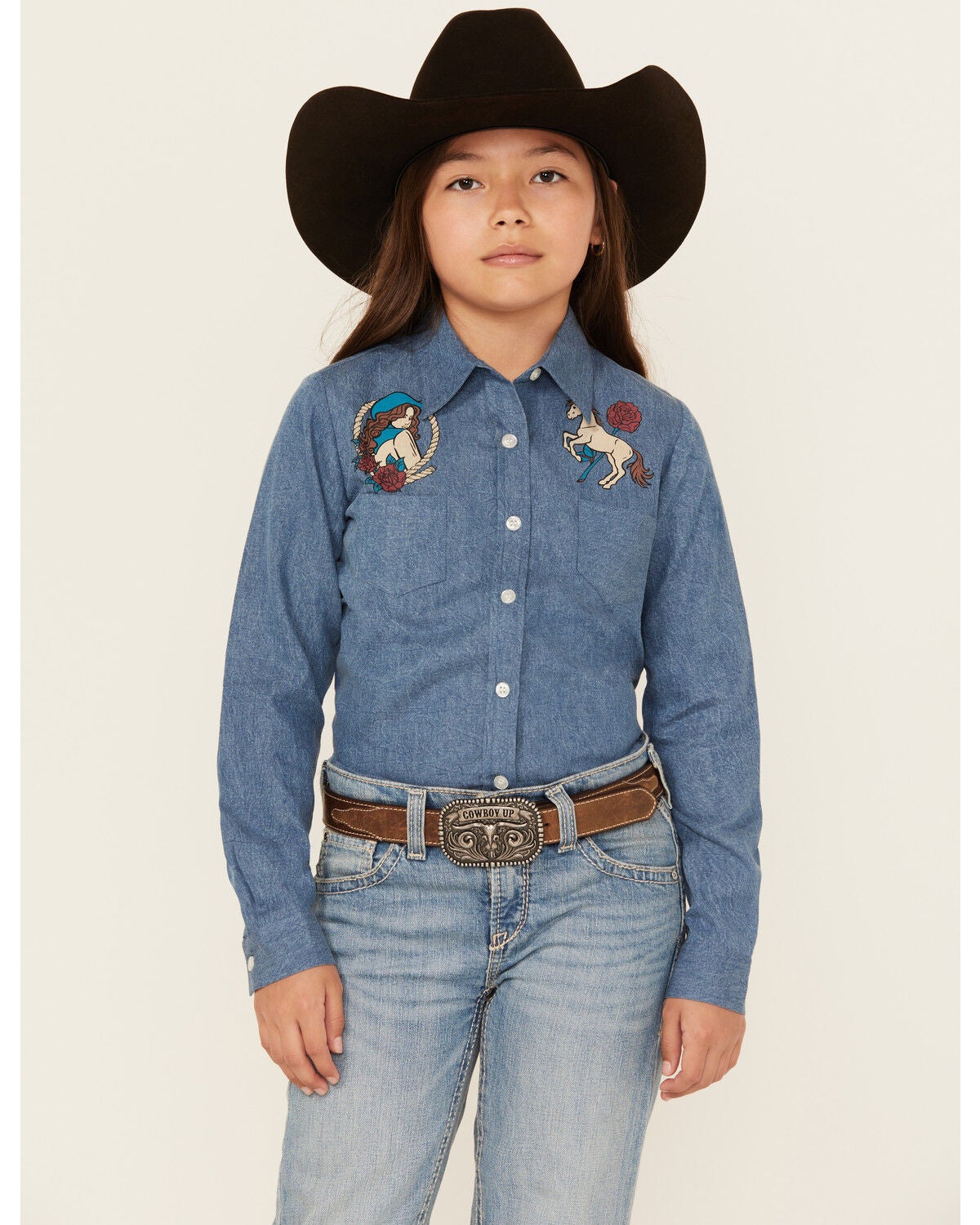Roper Girls' Western Long Sleeve Button-Down Denim Shirt, Blue, hi-res