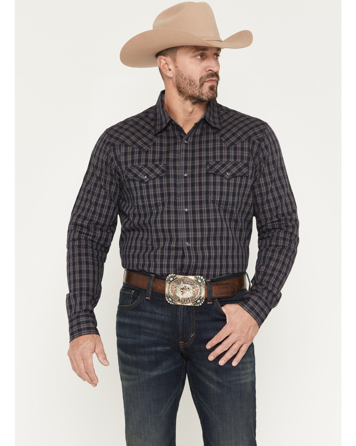 Image #1 - Cody James Men's Redstone Ranch Plaid Print Long Sleeve Snap Western Shirt, Navy, hi-res