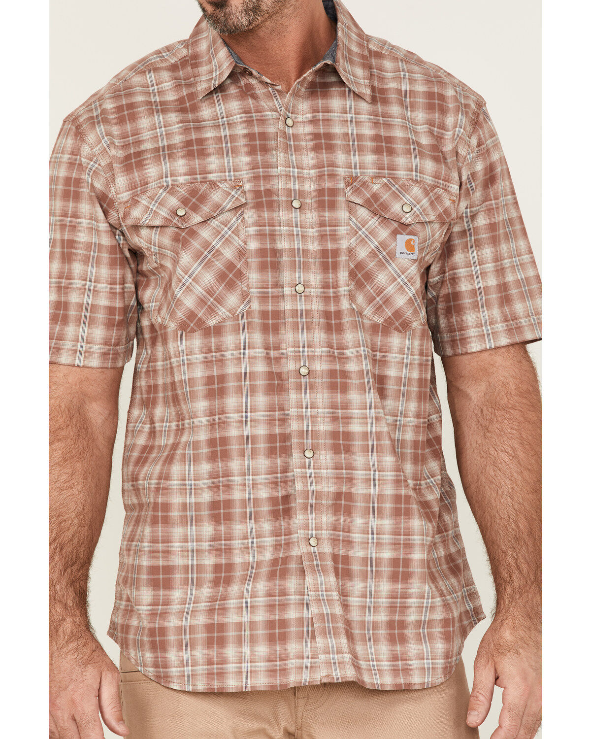 Carhartt Men's Rugged Flex Nutmeg Plaid Relaxed Short Sleeve Snap Western  Shirt